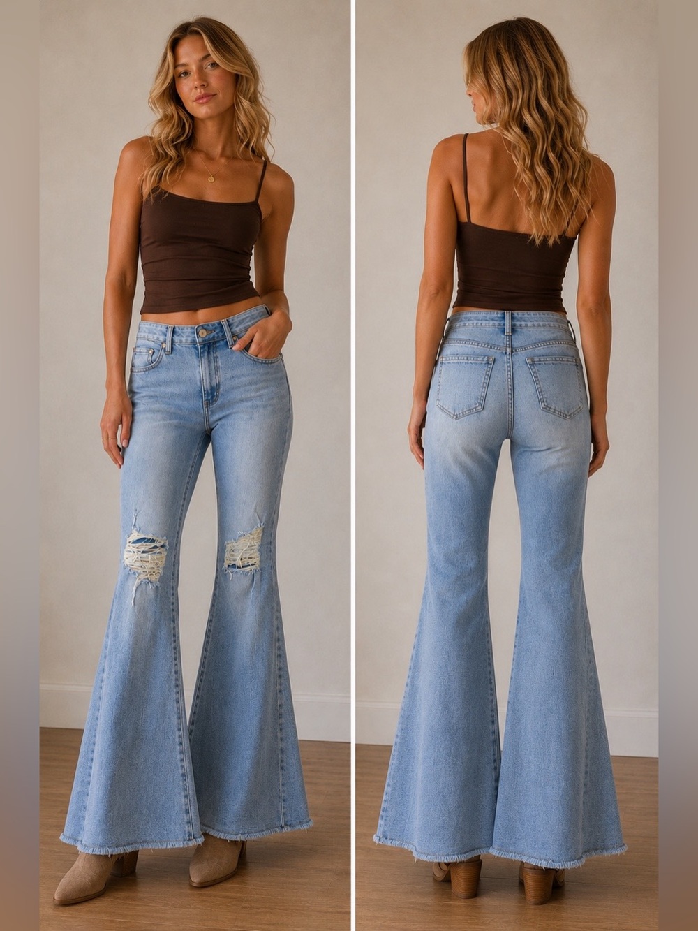 Three Bird Nest Light Blue Distressed Flare Jeans